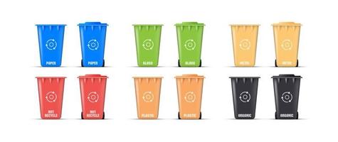 veelkleurige vuilnisbakken. set van realistische afvalcontainers. vector 3d.