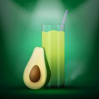 realistisch smoothieglas met avocado-fruithelften. meng groene groenten en fruit in een glazen beker. detoxcocktail voor een gezond voedingspatroon. spinazie, kiwi, selderij, cocktail. vector