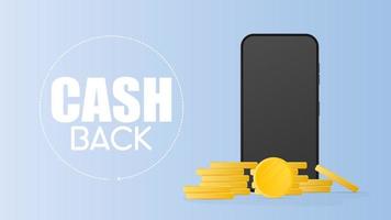 cashback-banner. realistische telefoon en gouden munten. moderne smartphone. vector. vector