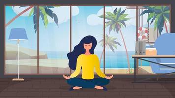 het meisje mediteert in een kamer met een groot panoramisch raam met uitzicht op het strand. de vrouw doet yoga. zomervakantie concept. vectorillustratie.