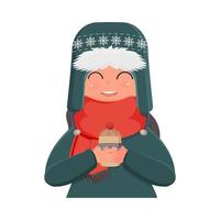 een meisje met een gebreide wintermuts en een rode sjaal houdt een warme drank in haar handen. een schattig meisje in winterkleren drinkt een warm drankje. Kerstmis en Nieuwjaar concept. vector