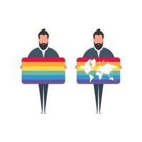 een man met een lgbt-vlag. de man houdt een spandoek vast met lgbt-kleur. vector. vector