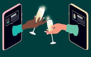 twee handen met champagneglazen via de telefoon. social distancing tijdens de feestdagen. viering online. vector illustratie