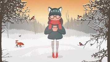 een vrouw met warme winterkleren en een bril houdt een kopje in haar handen. een meisje in een besneeuwd bos drinkt een warme drank. kant-en-klare ansichtkaart voor een winters thema. vector