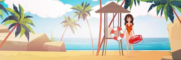 strand badmeester vrouw op het strand met palmbomen. meisje in een rood zwempak. cartoon-stijl. vector