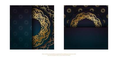 brochuresjabloon met blauwe kleurverloop met vintage gouden ornament voor uw felicitaties. vector