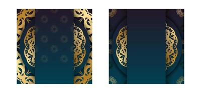 brochuresjabloon met blauwe kleurverloop met vintage gouden ornamenten voor uw merk. vector