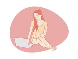 mooie vrouw of schattig meisje zit vooraan computer laptop, kleurrijke vector