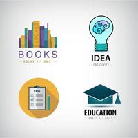 vector set onderwijs logo's boeken, test, vierkante academische pet, gloeilamp idee iconen geïsoleerd. e