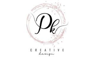 handgeschreven pk pk-letterlogo met sprankelende cirkels met roze glitter. vector