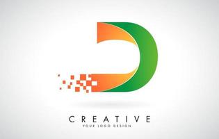 letter d logo-ontwerp in felle kleuren met verbrijzelde kleine blokken op witte achtergrond. vector
