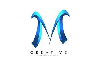 creatief m-letterlogo met blauwe 3d heldere sierletters. blauwe swoosh pictogram vector. vector