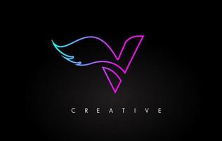 neon v letter logo pictogramontwerp met creatieve vleugel in blauwpaarse magenta kleuren vector