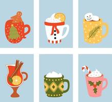 leuke set kaart winter gezellige warme drank. warme chocolademelk, warme chocolademelk, warme glühwein voor kerst en nieuwjaar ansichtkaart, typografie poster. vectorillustratie in vlakke stijl. vector