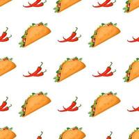 naadloos patroon met mexicaans traditioneel taco-eten en hete pepers. fastfood print voor restaurant, café en design op witte achtergrond. platte vectorillustratie vector