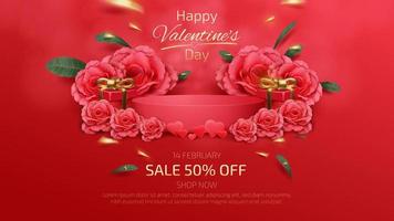 rood podium en realistische roze elementen, geschenkdoos, gouden lint, groen blad, Valentijnsdag achtergrond, 3D-luxe stijl. vector
