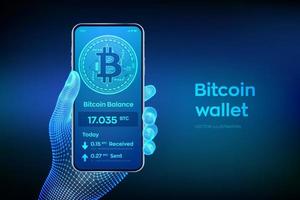 bitcoin portemonnee-interface op het smartphonescherm. cryptocurrency-betalingen en op blockchaintechnologie gebaseerd digitaal geldconcept. close-up mobiele telefoon in wireframe hand. vectorillustratie.