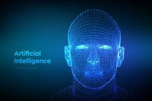 ai. kunstmatige intelligentie-concept. ai digitale hersenen. abstract digitaal menselijk gezicht. menselijk hoofd in robot digitale computerinterpretatie. robotica-concept. draadframe hoofd concept. vectorillustratie.