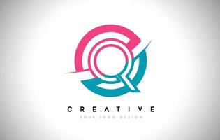 q ontwerp logo letterpictogram met cirkel en swoosh ontwerp vector en blauw roze kleur.