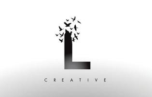 l-logo-brief met een zwerm vogels die vliegen en uiteenvallen van de brief. vector