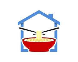 eenvoudig huis met rode kom noedels en gekruiste eetstokjes vector