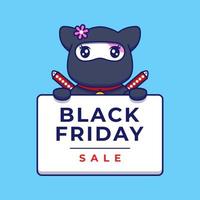 schattige ninjakat met black friday-uitverkoopbanner vector