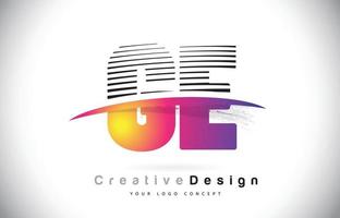 ge ge letter logo-ontwerp met creatieve lijnen en swosh in paarse penseelkleur. vector