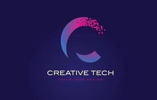 c eerste letter logo-ontwerp met digitale pixels in blauwpaarse kleuren. vector