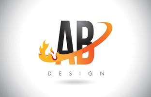 ab ab letterlogo met vuurvlamontwerp en oranje swoosh. vector