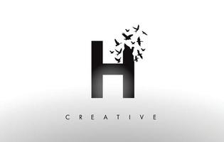 h logo brief met zwerm vogels vliegen en uiteenvallen van de brief. vector