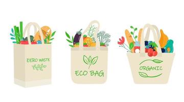 set eco-winkelnetten met groenten, fruit en gezonde drankjes. zuivelvoedsel in herbruikbare milieuvriendelijke shoppertas. geen afval, plasticvrij concept. plat trendy ontwerp vector