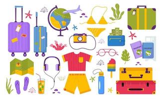 set reisspullen voor avontuurlijke vakantie, reizen. reis decoratief ontwerp met tropische bladeren, schelpen, kleding, accessoires, schoenen, koffer, bagage voor toerisme. platte cartoon trendy vector