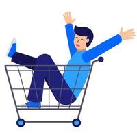 gelukkig jonge man shopper karakter rijden zittend in trolley kar. seizoensverkoop, korting. vectorillustratie. vector