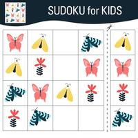sudoku-spel voor kinderen met foto's. cartoon vlinders, insecten en elementen van de natuurlijke wereld. vector. vector