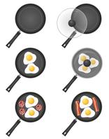 stel pictogrammen gebakken eieren in een koekenpan vectorillustratie vector