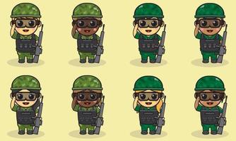 vectorillustratie van schattige soldaat cartoon salute pose en houden pistool vector