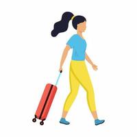 een meisje met een koffer gaat op reis. een vrouwelijke toerist gaat op vakantie. vector