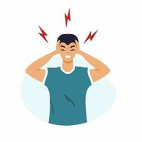 hoofdpijn. man met migraine. symptoom van ziekte en gezondheidsproblemen. vector