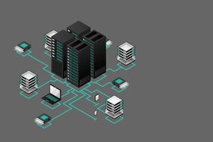 concept van datanetwerkbeheer .vector isometrische kaart met zakelijke netwerkservers, computers en apparaten vector