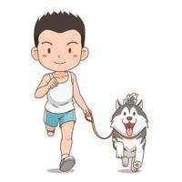 stripfiguur van jongen die met Siberische husky hond loopt.