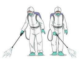 stripfiguur van desinfecterende werknemer die beschermend masker en kleding draagt, coronavirus of covid-19 sproeit. vector