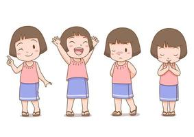 set cartoon schattig meisje in Thaise folk jurk in verschillende poses. vector