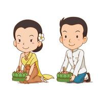 schattig paar cartoon in thaise klederdracht voor loy krathong festival. vector