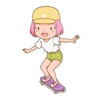 stripfiguur van schattig meisje op een skateboard of surf skate. vector