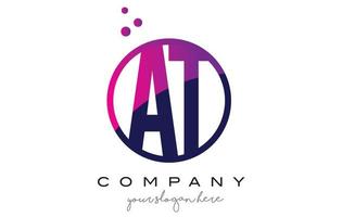 at at circle letter logo-ontwerp met paarse stippen bubbels vector