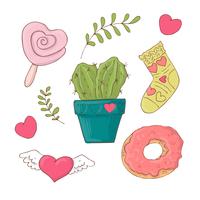 Verzameling van cute cartoon items voor Valentijnsdag met accessoires. vector