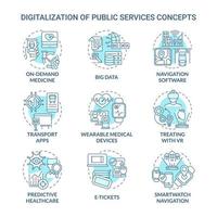 digitalisering van openbare diensten blauwe concept iconen set. digitale modernisering die zorgt voor verschillende levenssferen idee dunne lijn kleurenillustraties. vector geïsoleerde overzichtstekeningen