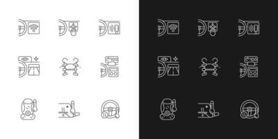 sportwagen accessoires lineaire pictogrammen instellen voor donkere en lichte modus. innovatieve voertuigtechnologie. aanpasbare dunne lijn symbolen. geïsoleerde vectoroverzichtsillustraties. bewerkbare streek vector
