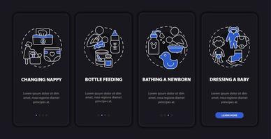 pasgeboren verpleging onboarding mobiele app paginascherm. moeder zorgt voor pasgeboren walkthrough 4 stappen grafische instructies met concepten. ui, ux, gui vectorsjabloon met illustraties in lineaire nachtmodus vector