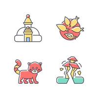 toerisme in nepal rgb kleur iconen set. swayambhu stoepa. Nepalese keuken. rode panda. aardbeving risico. apen tempel. Yomari gerecht. geïsoleerde vectorillustraties. verzameling eenvoudige gevulde lijntekeningen vector